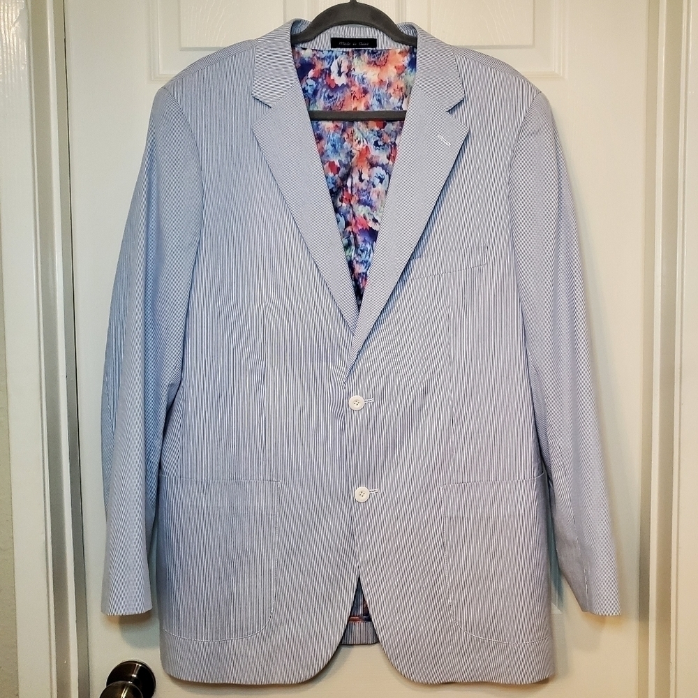 Alan Flusser Sports Jacket blazer Sz Large Blue White Stripe Cotton Men's